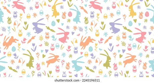 Dibujo a mano Cuto patrón sin costuras de Pascua con conejitos, flores, huevos de Pascua, fondo hermoso, grandioso para las tarjetas de Pascua, banner, textiles, papel de pared - diseño vectorial