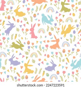 Cute hand drawn Easter seamless pattern with bunnies, flowers, easter eggs, beautiful background, great for Easter Cards, banner, textiles, wallpapers - vector design