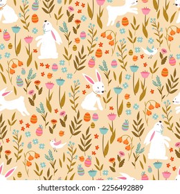 Cute hand drawn Easter seamless pattern with bunnies, flowers, easter eggs, beautiful background, great for Easter Cards, banner, textiles, wallpapers - vector design