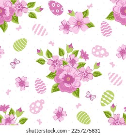 Cute hand drawn Easter seamless pattern with flowers and eggs, beautiful background, great for Easter Cards