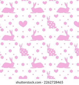 Cute hand drawn Easter seamless pattern with bunnies, flowers, easter, beautiful background, great for Easter Cards, banner, textiles, wallpapers, vector design