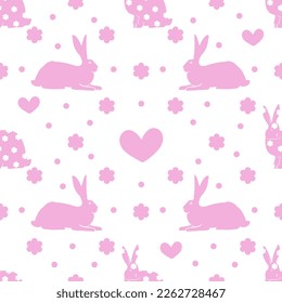 Cute hand drawn Easter seamless pattern with rose bunnies, flowers, easter, beautiful background, great for Easter Cards, banner, textiles, wallpapers, vector design