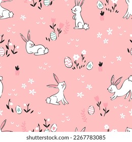 Cute hand drawn Easter seamless pattern with bunnies, flowers, easter eggs, beautiful background, great for Easter Cards, banner, textiles, wallpapers - vector design
