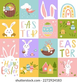 Cute hand drawn Easter seamless pattern with bunnies, flowers, easter eggs, beautiful colorful background, great for Easter Cards, banner, textiles, wallpapers - vector design