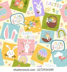 Cute hand drawn Easter seamless pattern with bunnies, flowers, easter eggs, beautiful colorful background, great for Easter Cards, banner, textiles, wallpapers - vector design