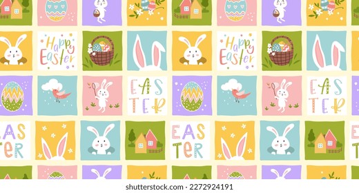 Dibujo a mano Cuto Patrón sin costuras de Pascua con conejitos, flores, huevos de Pascua, hermoso fondo colorido, genial para las tarjetas de Pascua, banner, textiles, papel de pared - diseño vectorial