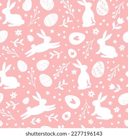 Cute hand drawn Easter seamless pattern with bunnies, flowers, easter eggs, beautiful pink background. Suitable for Easter cards, banner, textiles, wallpapers. Vector illustration.