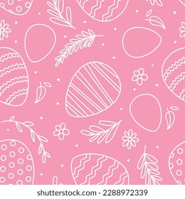Cute hand drawn Easter seamless pattern, doodle eggs with flowers and grass on pink background