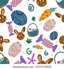 Cute hand drawn Easter seamless pattern with bunnies, flowers, easter eggs, beautiful background, great for Easter Cards, banner, textiles, wallpapers - vector design
