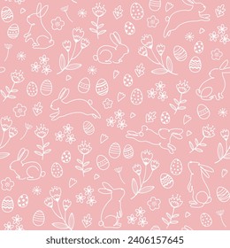 Cute hand drawn Easter seamless pattern with bunnies, flowers, easter eggs, beautiful background, great for Easter Cards, banner, textiles, wallpapers