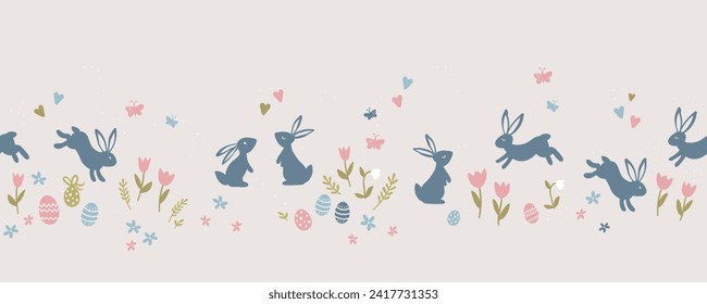 Cute hand drawn Easter seamless pattern with bunnies, flowers, easter eggs, beautiful background, great for Easter Cards, banner, textiles, wallpapers - vector design 