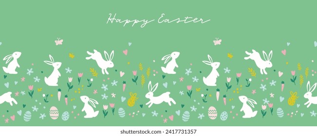 Cute hand drawn Easter seamless pattern with bunnies, flowers, easter eggs, beautiful background, great for Easter Cards, banner, textiles, wallpapers - vector design 