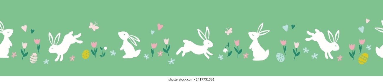 Cute hand drawn Easter seamless pattern with bunnies, flowers, easter eggs, beautiful background, great for Easter Cards, banner, textiles, wallpapers - vector design 