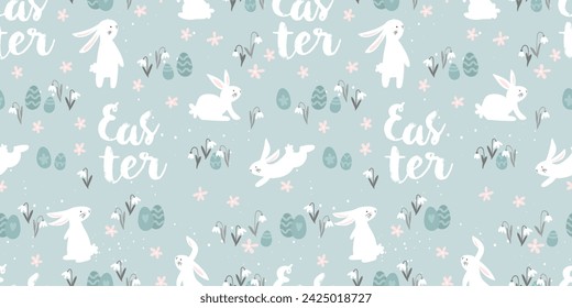 Cute hand drawn Easter seamless pattern with bunnies, flowers, easter eggs, beautiful background, great for Easter Cards, banner, textiles, wallpapers - vector design