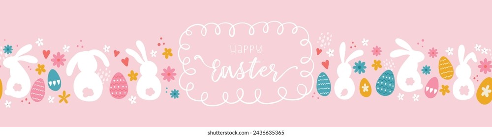 Cute hand drawn Easter seamless pattern with bunnies, flowers, easter eggs, beautiful background, great for Easter Cards, banner, textiles, wallpapers