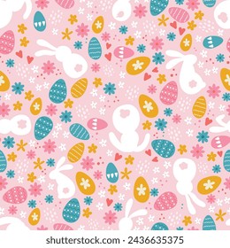 Cute hand drawn Easter seamless pattern with bunnies, flowers, easter eggs, beautiful background, great for Easter Cards, banner, textiles, wallpapers