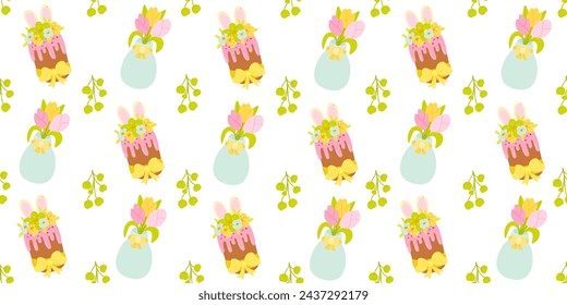 Cute hand drawn Easter seamless pattern with cakes, flowers, Easter eggs, beautiful background, great for Easter Cards, banner, textiles, wallpapers - vector design
