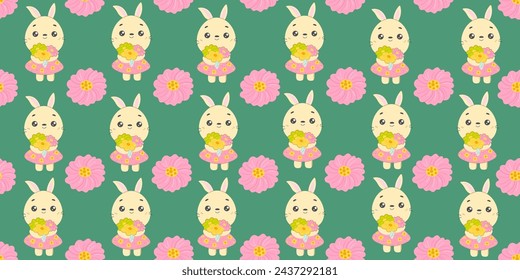 Cute hand drawn Easter seamless pattern with bunnies, flowers, Easter eggs, beautiful background, great for Easter Cards, banner, textiles, wallpapers - vector design