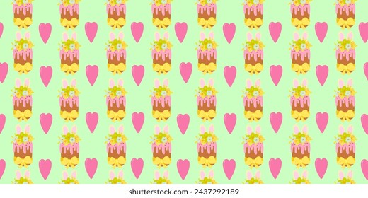 Cute hand drawn Easter seamless pattern with cakes, hearts, Easter eggs, beautiful background, great for Easter Cards, banner, textiles, wallpapers - vector design