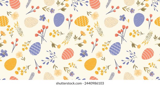 Cute hand drawn Easter seamless pattern with flowers, easter eggs. Beautiful background. Ideal for Easter Cards, banner, textiles, wallpapers, packaging, banner, poster, header for website.