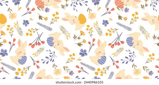 Cute hand drawn Easter seamless pattern with bunnies, flowers, easter eggs. Beautiful background. Ideal for Easter Cards, banner, textiles, wallpapers, packaging, banner, poster, header for website.