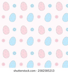 Cute hand drawn Easter seamless pattern with easter eggs and flowers. Gentle background. Vector illustration for banners