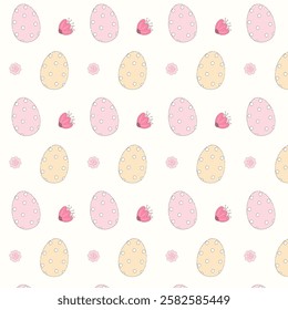Cute hand drawn Easter seamless pattern with easter eggs and flowers. Gentle background. Vector illustration for banners