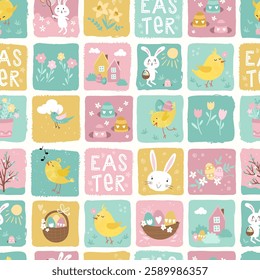 Cute hand drawn Easter seamless pattern with bunnies, flowers, easter eggs, beautiful colorful background, great for Easter Cards, banner, textiles, wallpapers - vector design