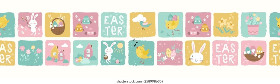 Cute hand drawn Easter seamless pattern with bunnies, flowers, easter eggs, beautiful colorful background, great for Easter Cards, banner, textiles, wallpapers - vector design