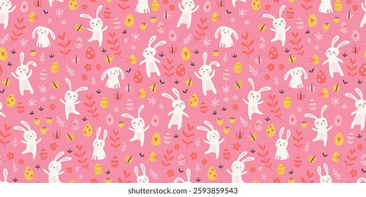 Cute hand drawn Easter seamless pattern with bunnies, flowers, easter eggs, beautiful background, great for Easter Cards, banner, textiles, wallpapers