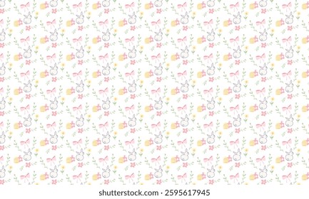 Cute hand drawn Easter seamless pattern with cute rabbit, eggs, flower, and ribbon by aophilla