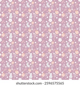 Cute hand drawn Easter seamless pattern pink background with flowers, leaves, colorful spring with Easter bunny eggs for fabric, wrapping paper, and any design. 