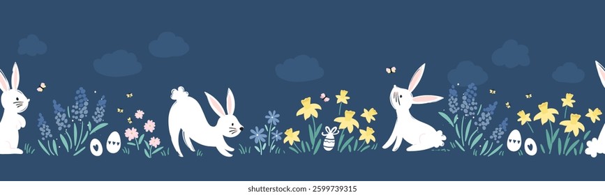 Cute hand drawn Easter seamless pattern with bunnies, flowers, easter eggs, beautiful background, great for Easter Cards, banner, textiles, wallpapers - vector design 