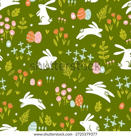 Cute hand drawn Easter seamless pattern with bunnies, flowers, easter eggs, beautiful background, great for Easter Cards, banner, textiles, wallpapers - vector design 