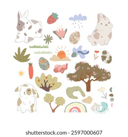 Cute hand drawn Easter set with bunny, plants, rainbows, cartoon world. Vector illustration for kids.