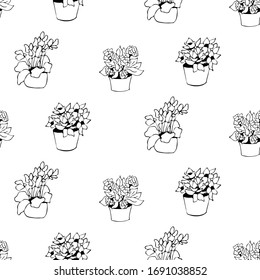 Elemento dibujado a mano de la maceta de flor patrón sin fisuras. Plantas de la casa de ilustraciones para el diseño de bodas, logotipo y tarjeta de felicitación. Aislado sobre fondo blanco.