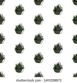 Cute hand drawn element of flower pot seamless pattern. Doodle vector illustration house plants for wedding design, logo and greeting card. Isolated on white background.