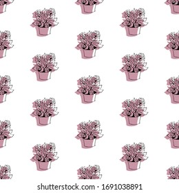 Cute hand drawn element of flower pot seamless pattern. Doodle vector illustration house plants for wedding design, logo and greeting card. Isolated on white background.