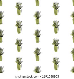 Elemento dibujado a mano de la maceta de flor patrón sin fisuras. Plantas de la casa de ilustraciones para el diseño de bodas, logotipo y tarjeta de felicitación. Aislado sobre fondo blanco.