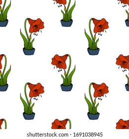 Cute hand drawn element of flower pot seamless pattern. Doodle vector illustration house plants for wedding design, logo and greeting card. Isolated on white background.