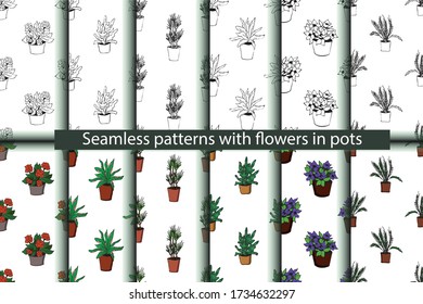 Cute hand drawn element of flower pot seamless pattern. Doodle vector illustration house plants for wedding design, logo and greeting card. Isolated on white background.