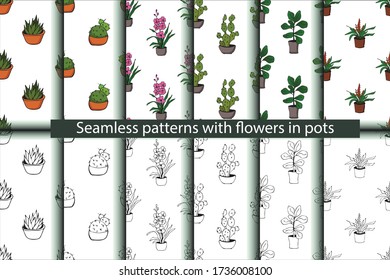 Elemento dibujado a mano de la maceta de flor patrón sin fisuras. Plantas de la casa de ilustraciones de los vectores de Doodle para el diseño de bodas, logotipo y tarjeta de saludo. Aislado sobre fondo blanco.
