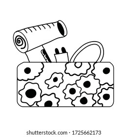 Handgezeichnetes Element der Innendekoration. Haartrockner in einer Schachtel mit Blumen. Doodle Vektorgrafik für die Innenausstattung der Badezimmer. Auf weißem Hintergrund isoliert.
