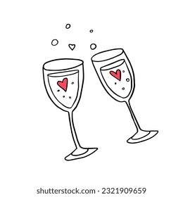 Cute hand drawn element of two wine glasses with hearts. Love element for greeting cards,valentine's day cards, posters, stickers and seasonal design. Isolated on white background. Vector illustration