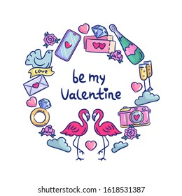 Cute hand drawn elements about love inscribed in a circle. Valentine's Day. Vector illustration, eps 10