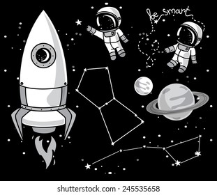 cute hand drawn elements for cosmic design: planets, constellations, astronauts floating in space and rocket, vector illustration