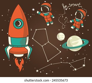 cute hand drawn elements for cosmic design: planets, constellations, astronauts floating in space and rocket, vector illustration