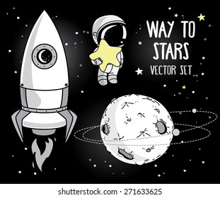 cute hand drawn elements for cosmic design: planets, constellations, astronauts floating in space and rocket, vector illustration