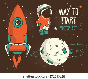 cute hand drawn elements for cosmic design: planets, constellations, astronauts floating in space and rocket, vector illustration