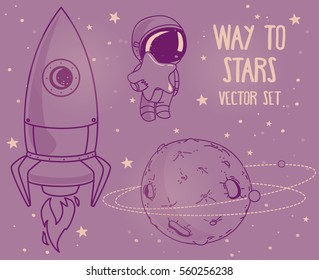 Cute hand drawn elements for cosmic design: planets, constellations, astronauts floating in space and rocket, vector illustration